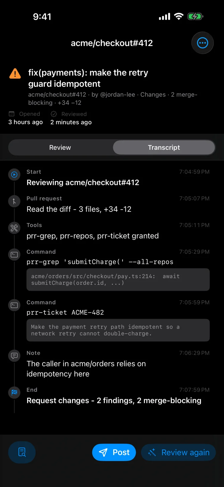 The PR Radar iPhone transcript for acme/checkout#412: the agent reads the diff, is granted its read-only tools, runs prr-grep 'submitCharge(' across every repository and finds the caller in acme/orders, reads ticket ACME-482, and ends with Request changes.