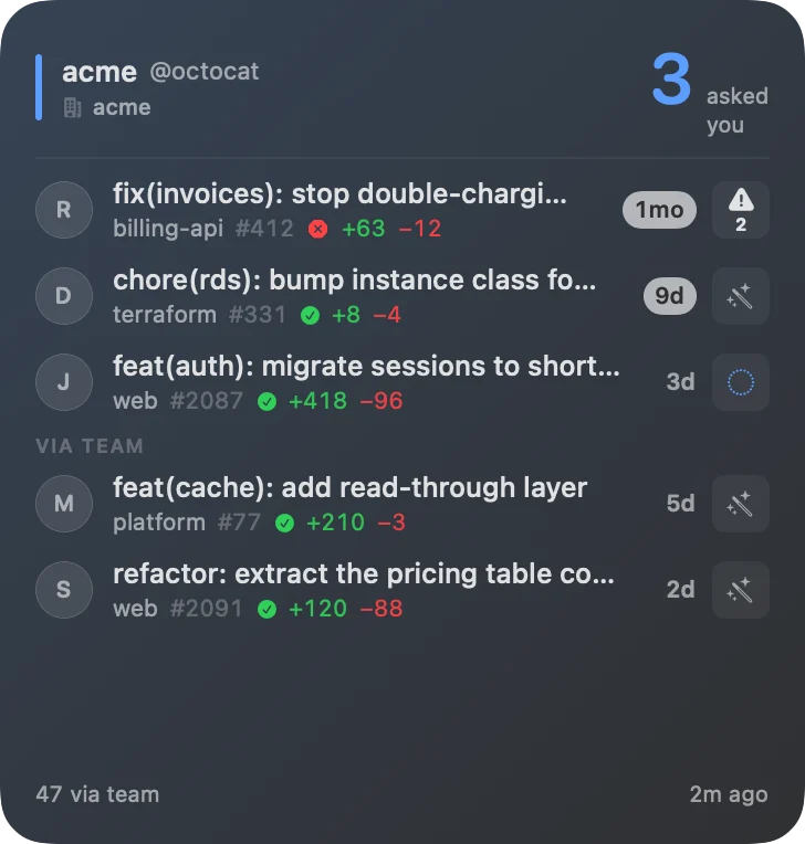 The same PR Radar widget in dark mode, showing three directly-requested reviews and the agent's verdict badges.